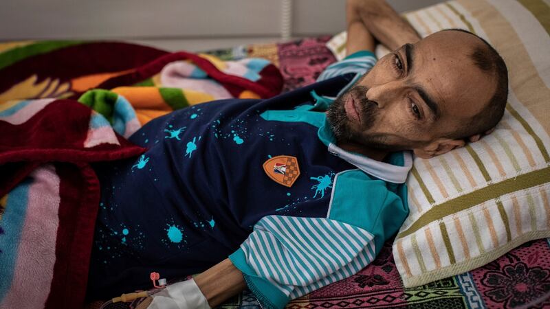 Ali Hussein Jassim (45) receives palliative care at a cancer hospital in Basra in Iraq. Photograph: Ivor Prickett/New York Times
