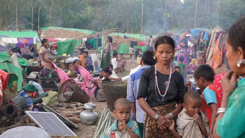 Rakhine ethnic people, who fled from a conflict area, gather at War Taung village’s temporary camp, in Kyauk Taw Township, in northern Rakhine State, Myanmar, on January 3rd. 2019. Photograph: Nyunt Win