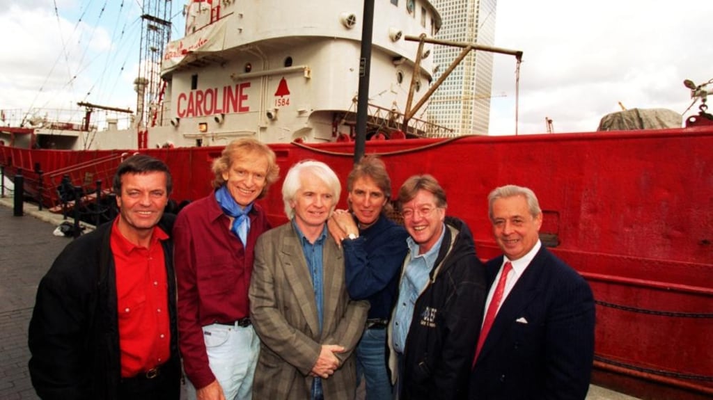 Ronan O’Rahilly, third from left, with former Caroline DJs Tony Blackburn, Tom Lodge, Johnnie Walker, Mike Ahern and Mark Sloane, on a visit to the Radio Caroline ship at Canary Wharf, London, in 1997. Photograph: Glen Copus/Evening Standard/Rex/Shutterstock
