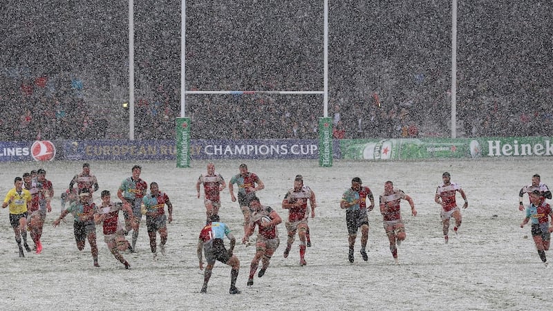 The snow falls during Ulster’s win over Harlequins in London. Photograph: Nigel French/PA