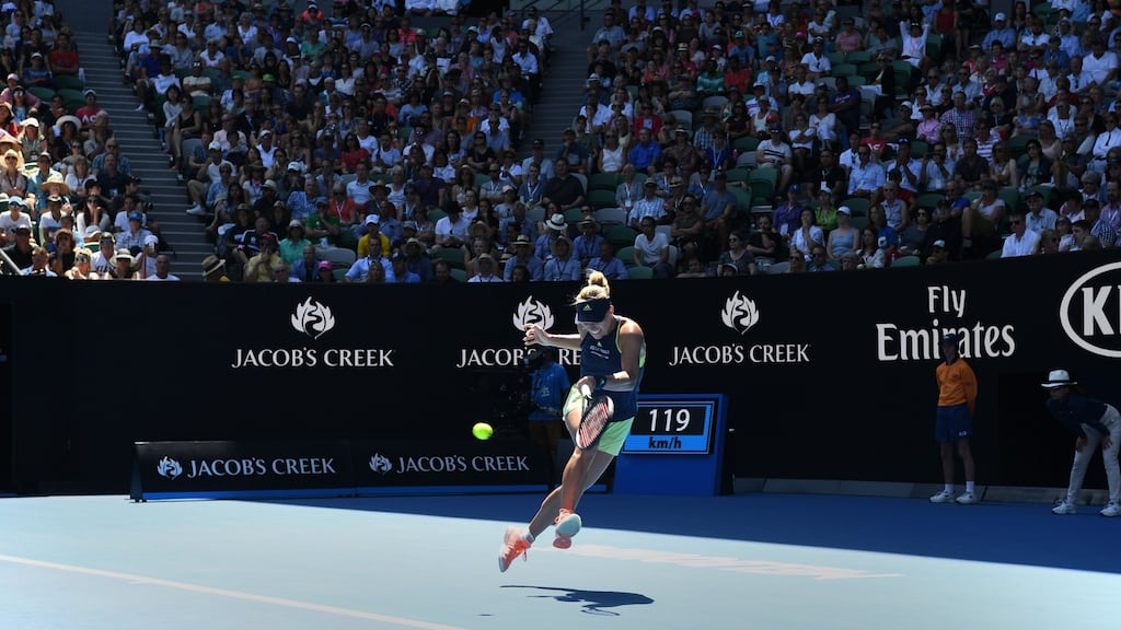 Angelique Kerber plays a return against Taiwan’s Hsieh Su-Wei during their women’s singles fourth round match on day eight of the Australian Open. Photo: William West/Getty Images