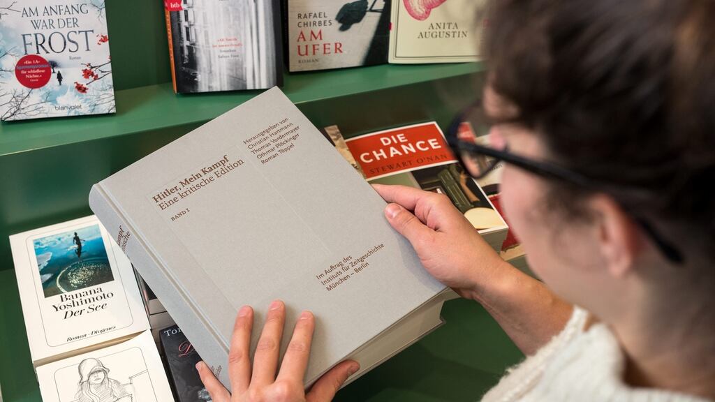 A copy of ‘Hitler, Mein Kampf - eine kritische Edition’ (lit. Hitler, My Struggle - a critical edition) at a bookstore in Munich, Germany, on occasion of the publication of the first annotated edition of the book written in 1924 by Nazi leader Adolf Hitler. Photograph: Matthias Balk/EPA