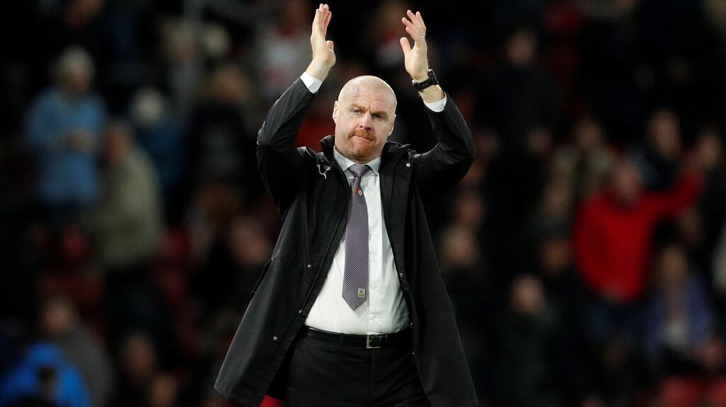 Burnley manager Sean Dyche applauds the travelling supporters after the victory over Southampton at St Mary’s. Photograph: John Sibley/Action Images via Reuters