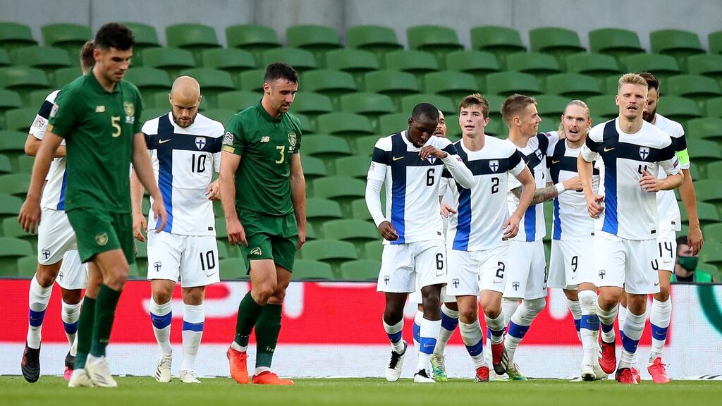 Finland players celebrate  Fredrik Jensen’s goal during the Uefa Nations League game against the Republic of Ireland at the Aviva Stadium. Photograph: Ryan Byrne/Inpho