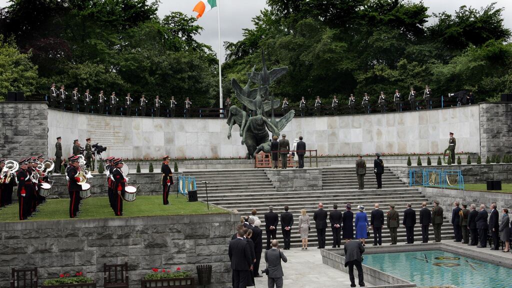 Queen Elizabeth II and President Mary McAleese at the Garden of Remembrance for the wreath lkaying ceremony at the scultpure by Oisin Kelly, the Children of Lir. Photograph: Cyril Byrne
