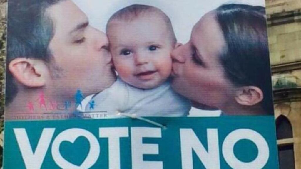 The man and woman featured in posters opposing the same sex marriage referendum have denounced the use of their image and say they support “completely” the proposed change to the Constitution. Photograph: Adam Hills Official Page/Facebook.