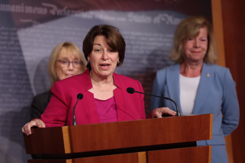 Minnesota senator Amy Klobuchar speaks last month at an event to mark the second anniversary of the US supreme court Dobbs decision, which overturned Roe v Wade and ended women's constitutional right to an abortion. Photograph: Kevin Dietsch/Getty Images
