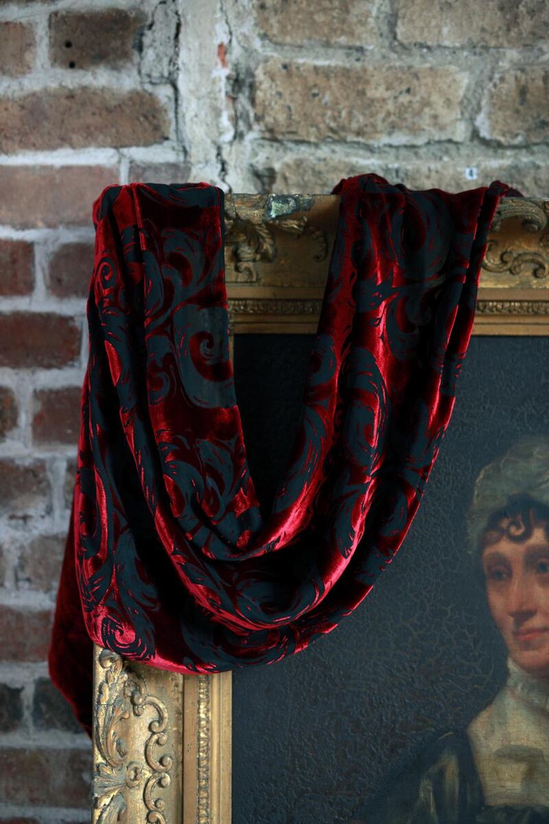 A big silk deovre velvet wrap by Mel Bradley, silk lined, handpainted and made in Ireland. From Mel Bradley's Gatehouse Gallery Millmount Craft Centre, Drogheda, Co Louth