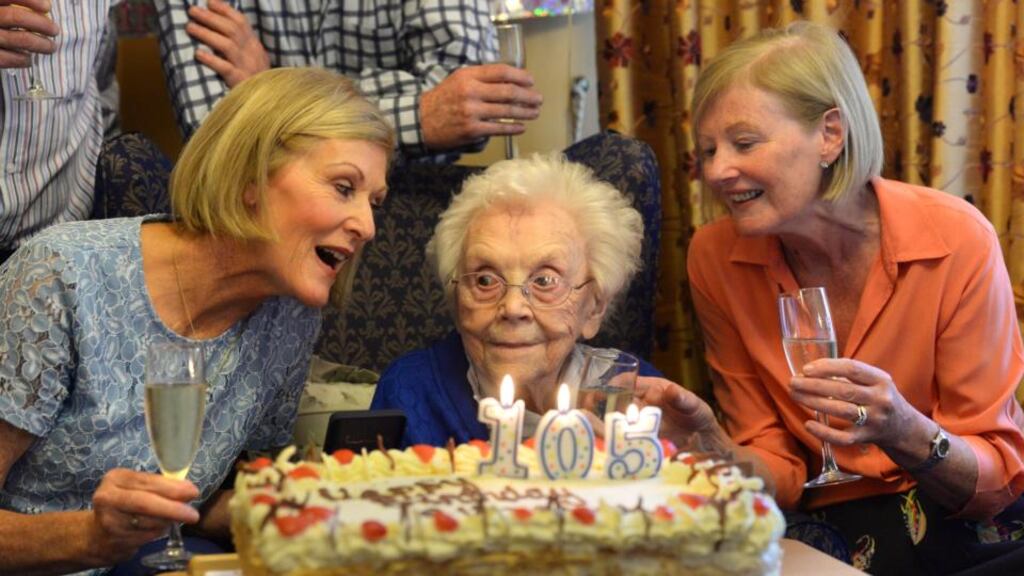 Elizabeth Dempsey, celebrates her 105th birthday with neices Miriam Scott (left) and Anita Fitzgibbon. Photograph: Dara Mac Dónaill / The Irish Times