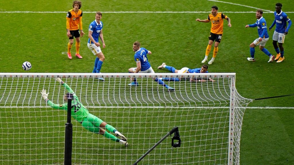 Morgan Gibbs-White scores the winner for Wolves against Brighton. Photograph: Tim Keeton/Getty/AFP