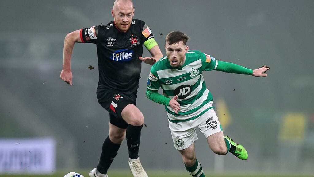 Jack Byrne in action for Shamrock Rovers against Dundalk’s Chris Shields in the FAI Cup final at the Aviva stadium. Photograph: Tommy Dickson/Inpho