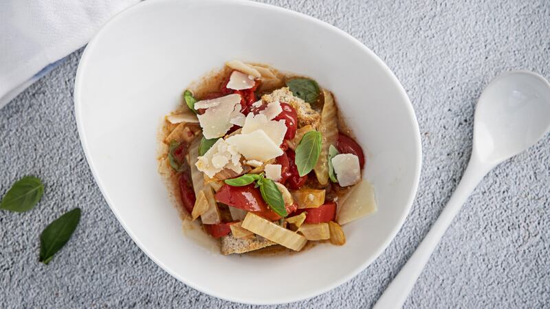 Tomato broth with roasted bread and Parmesan
