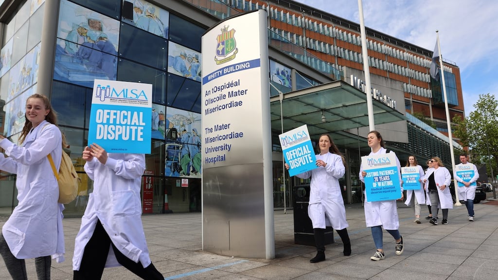 Medical Laboratory Scientists Association (MLSA) members at the Mater Hospital during a one-day strike by the medical scientists over pay and career development issues last week. Photograph: Dara Mac Donaill / The Irish Times