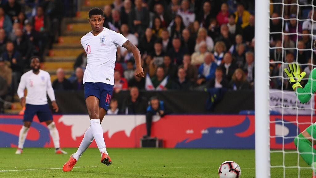 England’s Marcus Rashford scores his team’s first goal during the international friendly against Switzerland at The King Power Stadium in Leicester. Photograph Laurence Griffiths/Getty Images