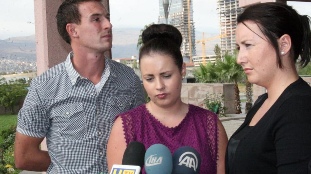 Shannon Graham (C) makes a statement outside the Izmir Bayrakli Fifth High Criminal Court in Izmir, Turkey today. Photograph: IHA News / Barcroft Media
