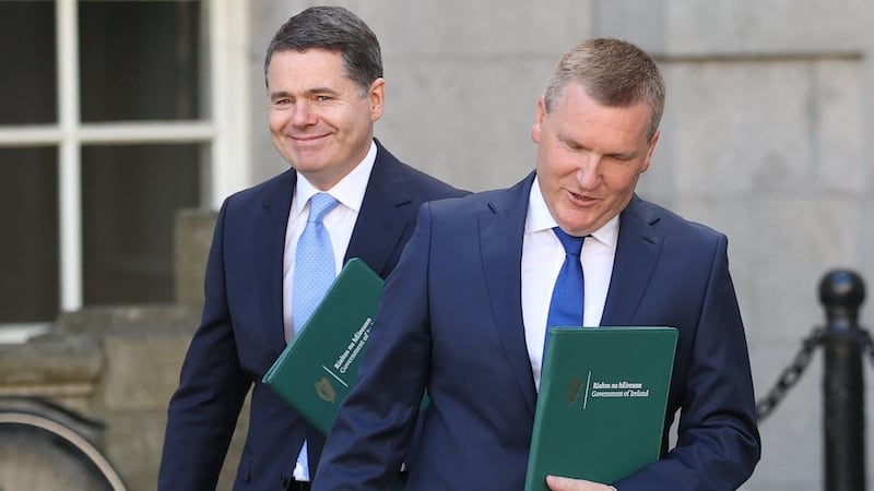 Paschal Donohoe (left) and Michael McGrath arrive at Government Buildings in Dublin on Tuesday. Photograph: Liam McBurney/PA Wire
