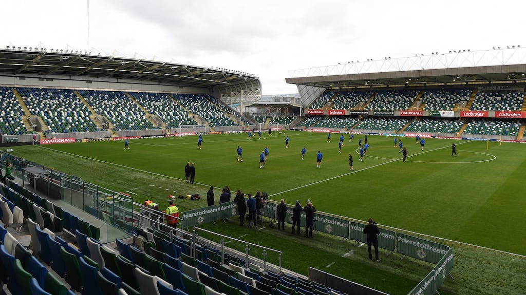 The Northern Ireland squad during a training session at the newly-developed Windsor Park on Friday ahead of Saturday’s World Cup qualifier against San Marino. Photograph: Charles McQuillan/Getty Images.