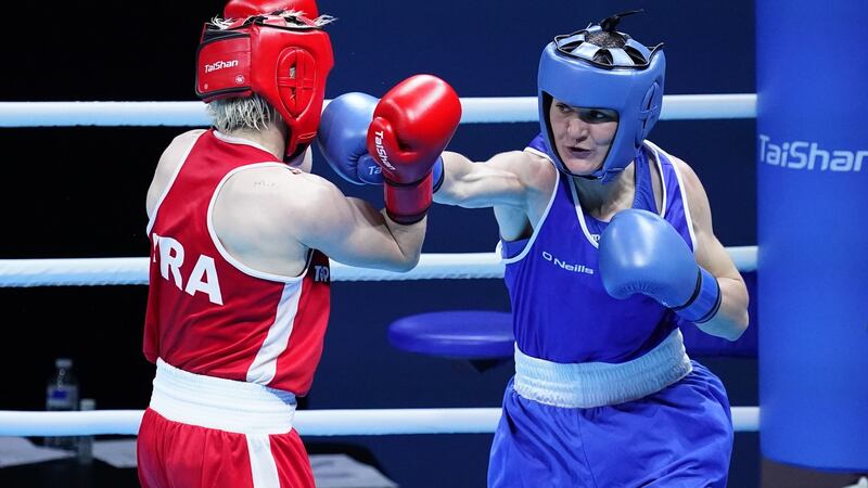 Ireland’s Kellie Harrington in action during her women’s lightweight bout against Maiva Hamadouche of France. Photograph: Dave Winter/Inpho