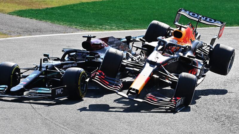 Lewis Hamilton and Max Verstappen clash in the 2021 Monza Grand Prix. Photograph: Peter Van Egmond/Getty