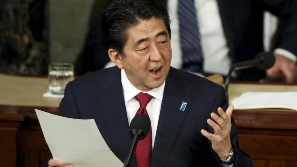 Japanese prime minister Shinzo Abe addresses a joint meeting of the US Congress on Capitol Hill in Washington. Photograph: Gary Cameron/Reuters.