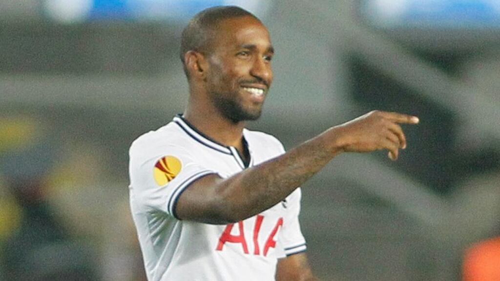 Tottenham Hotspur’s Jermain Defoe celebrates his goal against   Sheriff Tiraspol. Photograph: Gleb Garanich/Reuters