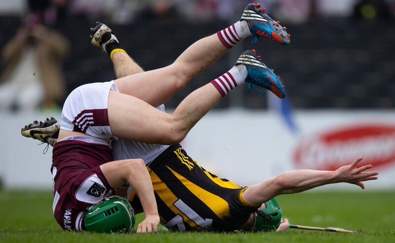 Galway's Jack Grealish and Kilkenny's Eoin Cody end up in a tangle in Nowlan Park last Saturday. Photograph: Leah Scholes/Inpho