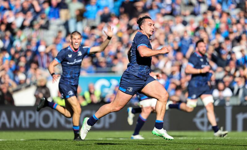Leinster's James Lowe on his way to scoring against Harlequins. Photograph: Nick Elliot/Inpho