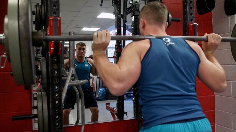 Jordan Larmour putting the work in during an Ireland gym session in Chicago. Photograph: Dan Sheridan/Inpho