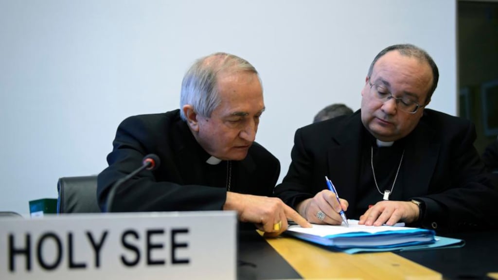 Vatican’s UN Ambassador Monsignor Silvano Tomasi (L), speaks with Former Vatican Chief Prosecutor of Clerical Sexual Abuse Charles Scicluna (R), prior to the start of a questioning over clerical sexual abuse of children at the headquarters of the UN’s office of the High Commissioner for Human Rights. Vatican’s UN Ambassador Monsignor Silvano Tomasi (L), speaks with Former Vatican Chief Prosecutor of Clerical Sexual Abuse Charles Scicluna.