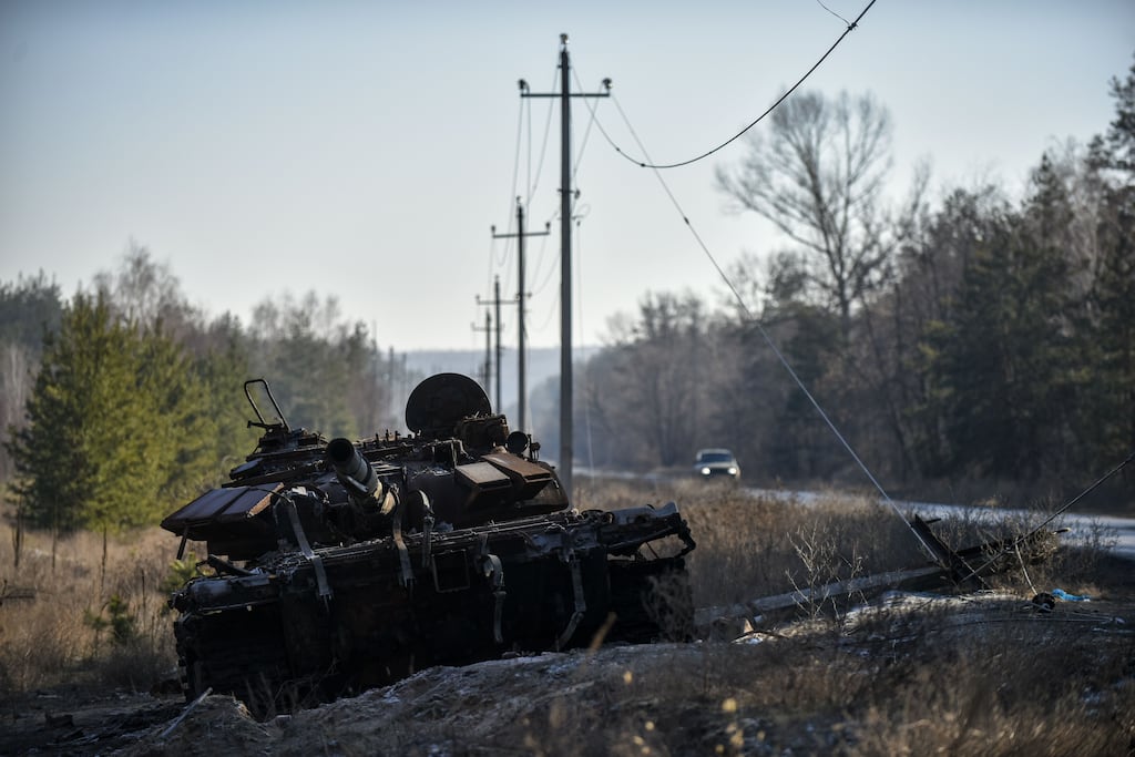 Russia and North Korea have accused the West of prolonging and taking a direct role in the war by sending Kyiv increasingly sophisticated weapons. A burned tank sits next to a road in Donetsk region, eastern Ukraine. Photograph: Oleg Petrasyuk/EPA