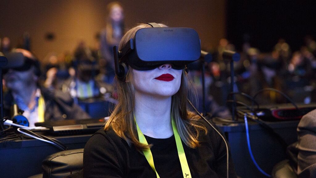 The Oculus virtual reality headset. Company owned by Mark Zuckerberg has lowered the price of the Rift. Photograph: Patrick T. Fallon/Bloomberg