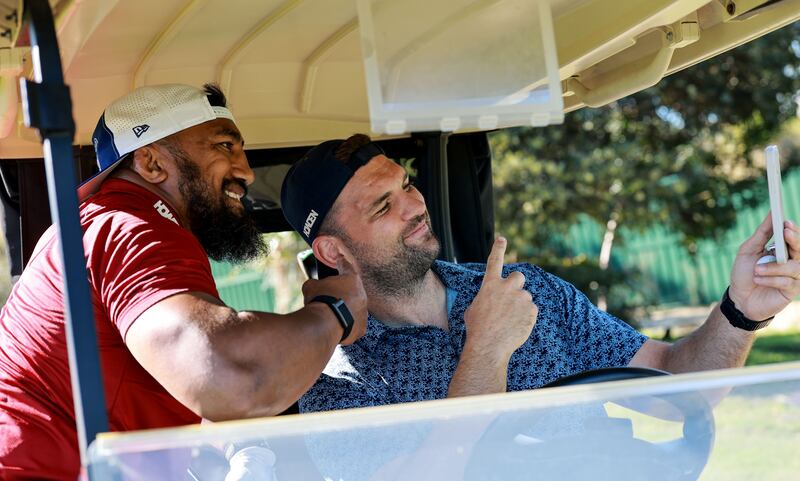 Bundee Aki and Tadhg Beirne during the British and Irish Lions golf day at Joondalup Resort in Perth on Thursday. Photograph: Dan Sheridan/Inpho