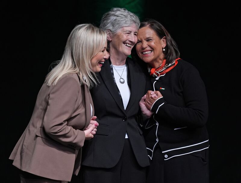 Sinn Féin deputy leader Michelle O'Neill, Catherine Connolly and Sinn Féin leader Mary Lou McDonald at The Helix in Dublin on Saturday. Photograph: Niall Carson/PA Wire