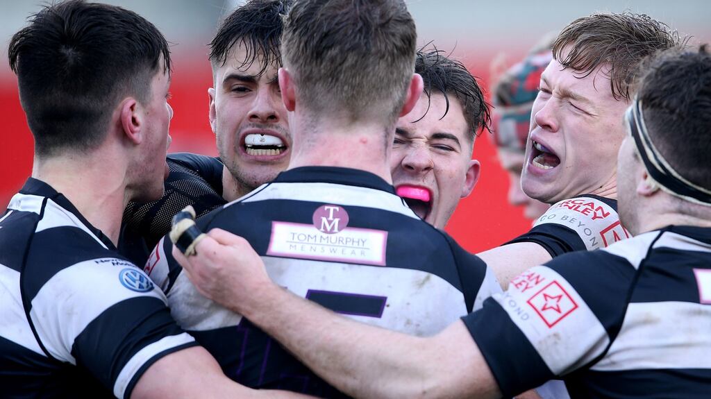 PBC players celebrate after Jack O’Sullivan scored his side’s second try against Bandon Grammar in the Munster Schools Senior Cup semi-final at Musgrave Park. Photograph: Cathal Noonan/Inpho.