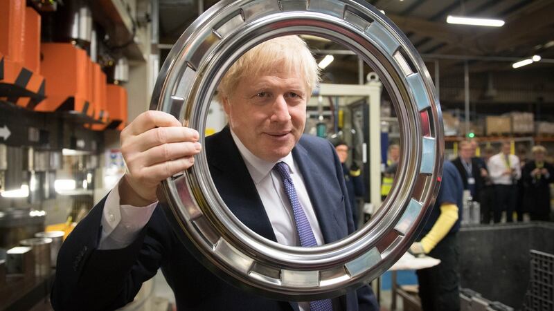 British prime minister Boris Johnson during a visit to washing machine manufacturer Ebac in Newton Aycliffe, Durham. Photograph: Stefan Rousseau/PA