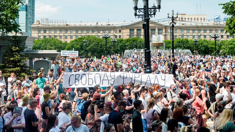 Demonstrators packed a city thoroughfare on a sweltering Saturday afternoon. Photograph: Aleksandr Yanyshev/AFP