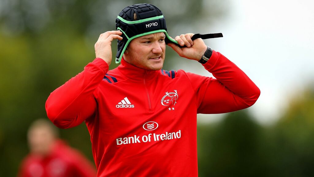 Munster’s Chris Cloete puts on his scrumhalf during training ahead of their Champions Cup fixtures this weekend. Photo: Ryan Byrne/Inpho