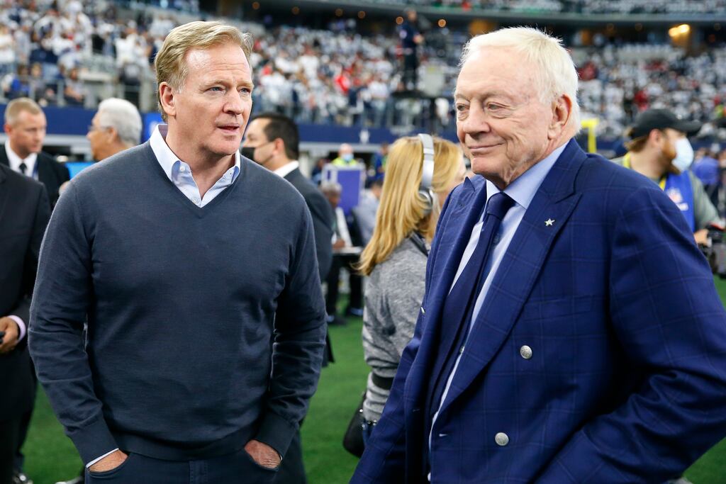 NFL Commissioner Roger Goodell and Dallas Cowboys owner Jerry Jones at AT&T Stadium in Arlington, Texas. The Cowboys’ operating income of $465.9m was the highest in the NFL. Photograph: Richard Rodriguez/Getty Images