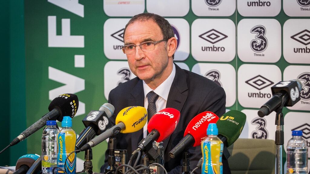 Martin O’Neill at the Republic of Ireland squad announcement at Three HQ, Sir John Roberson’s Quay, Dublin on Thursday. Photograph: Ryan Byrne/Inpho
