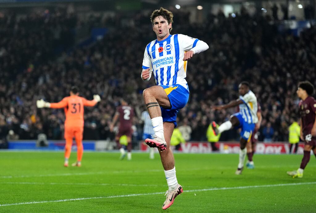 Brighton's Matt O'Riley celebrates scoring his side's winning goal in the Premier League game against Manchester City at the Amex Stadium. Photograph: Adam Davy/PA Wire
