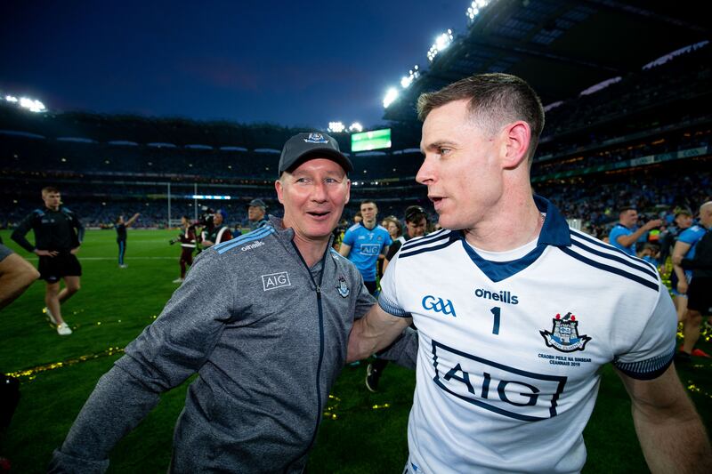 Dublin's Jim Gavin and Stephen Cluxton celebrate winning the All-Ireland title in 2019 after a replay against Kerry. Photograph: Tom Honan