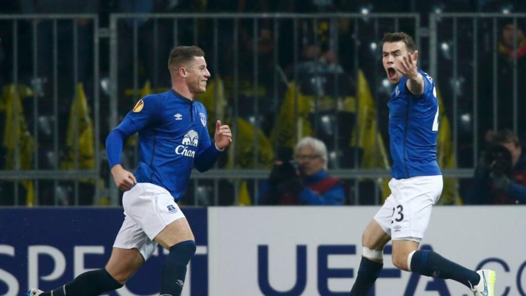 Seamus Coleman celebrates with team mate Ross Barkley after scoring Everton’s second goal against BSC Young Boys. Thomas Hodel/Reuters