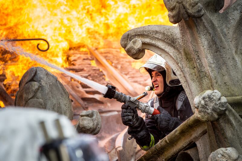 Notre Dame on Fire. Photograph: PA/BSPP/Pathe Film Distribution/Mickael Lefevre