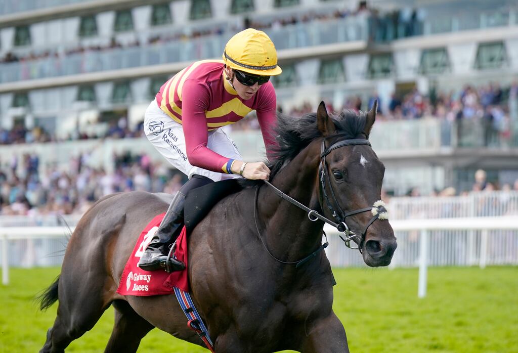 Stromberg ridden by jockey Dylan Browne McMonagle on their way to winning the Kinlay Hostel Irish EBF Auction series maiden during Galway Races Summer Festival. Photograph: Niall Carson/PA Wire