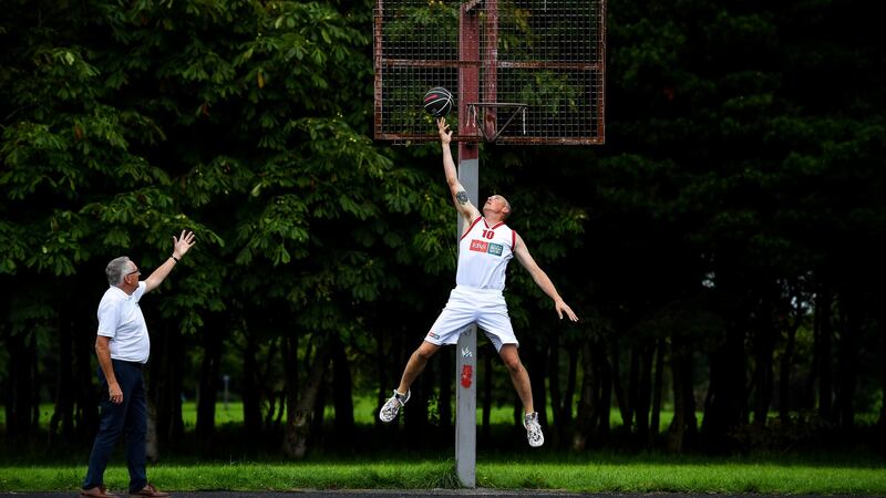 Tralee Imperials basketball coach Jimmy Diggins and Kieran Donaghy at Thursday’s launch of the 2020 Federation of Irish Sport Volunteers in Sport Awards supported by EBS. Photograph: Brendan Moran/Sportsfile