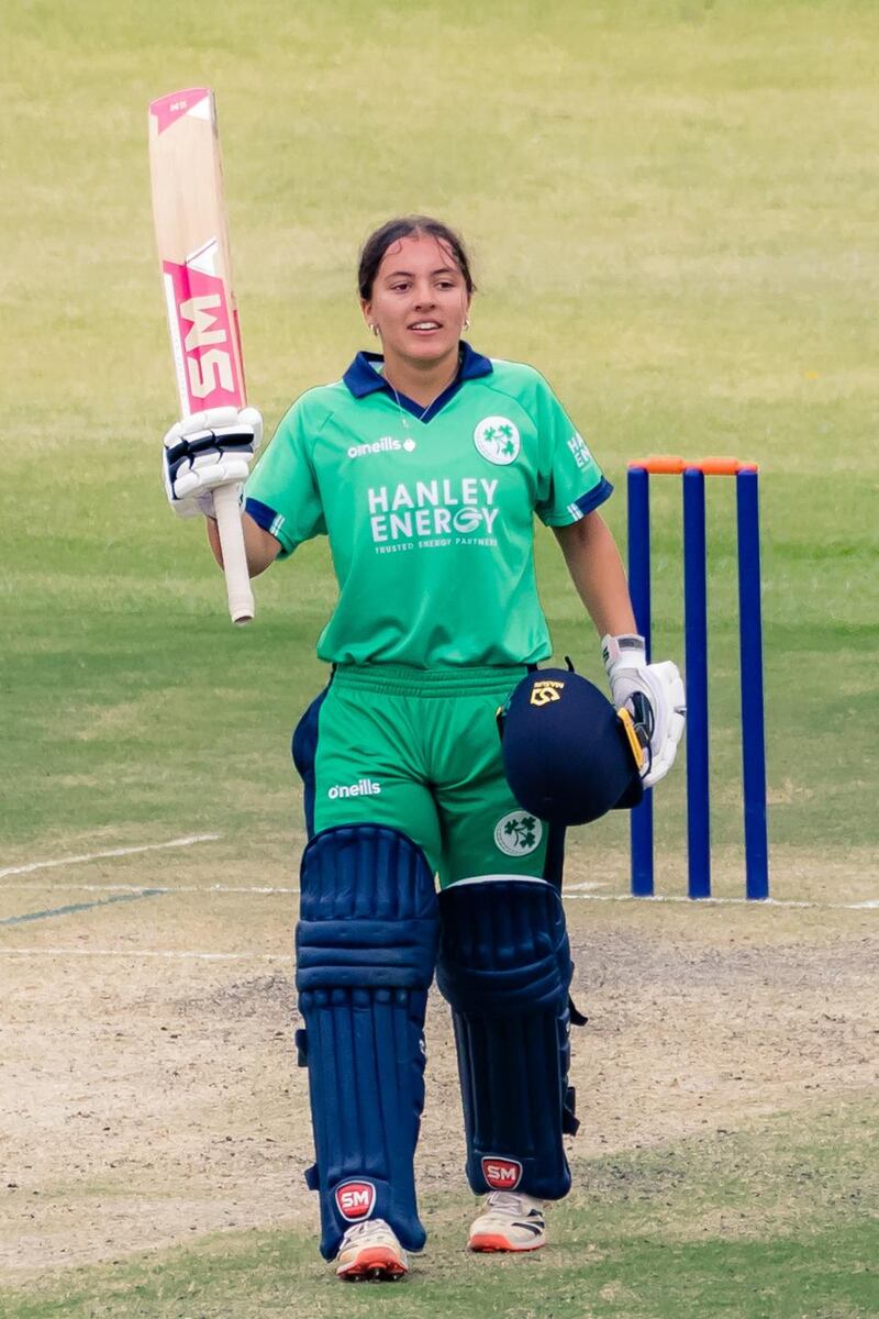 Ireland’s Amy Hunter, who struck an unbeaten 121 against Zimbabwe on her 16th birthday to become the youngest player, male or female, to score a one-day international century. Photograph: Jekesai Njikizana/iZimPhoto