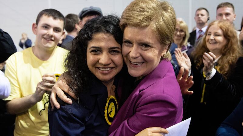 Scottish National Party leader Nicola Sturgeon and Roza Salih, the first refugee elected to a council in Scotland, at the local elections in Glasgow. Photograph: Robert Perry/EPA