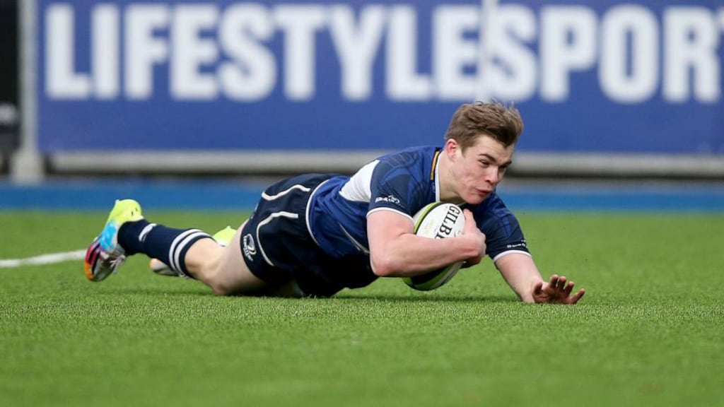 Garry Ringrose scores a try for Leinster ‘A’ against Plymouth Albion in their 59-26 British & Irish Cup victory at Donnybrook. Photo: Donall Farmer/Inpho