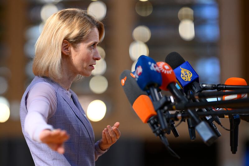 Kaja Kallas, the EU’s foreign affairs chief, speaks to the press as she arrives for the start of a European Union Summit in Brussels. Photograph: JOHN THYS/AFP via Getty Images