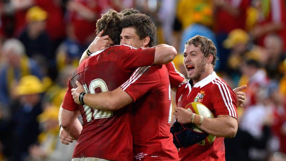Jonathan Davies and Ben Youngs celebrate victory after the first test against Australia Wallabies. Photograph: Bradley Kanaris/Getty Images